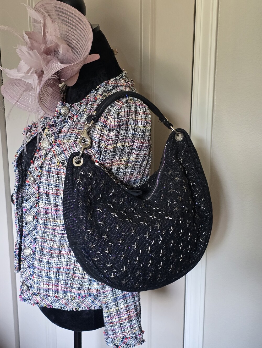 Authentic Jimmy Choo Black Embellished Crescent Shoulder Bag